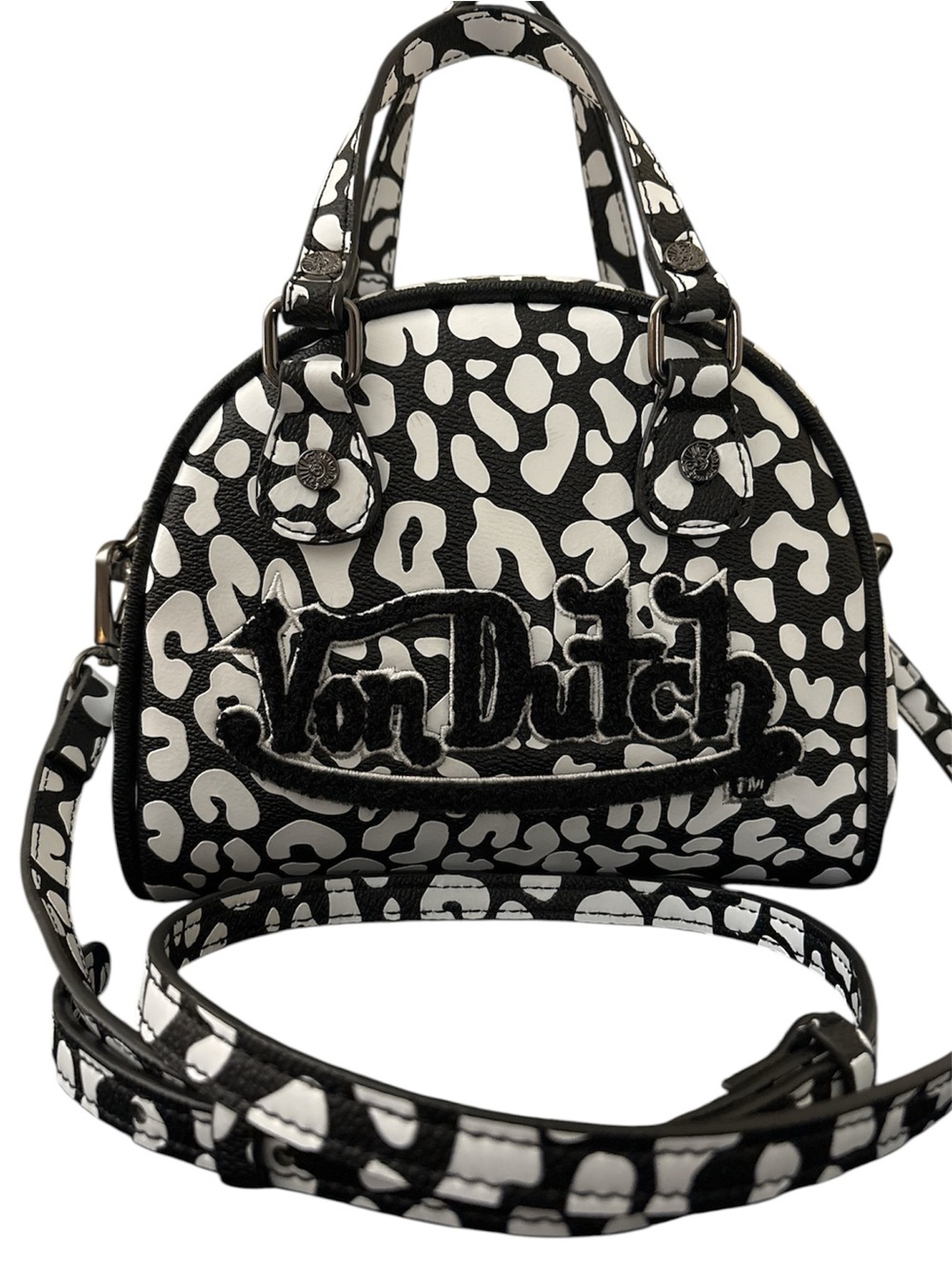 Von Dutch White Cheetah Mini Bowler Bag Y2K Crossbody Handbag NWT - Picture 6 of 7